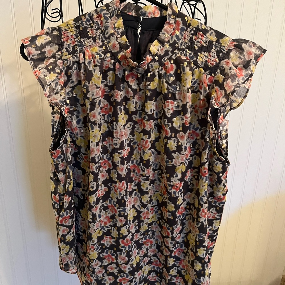 LOFT Floral Black/Navy with Gold flecks Ruffle Sleeve Top